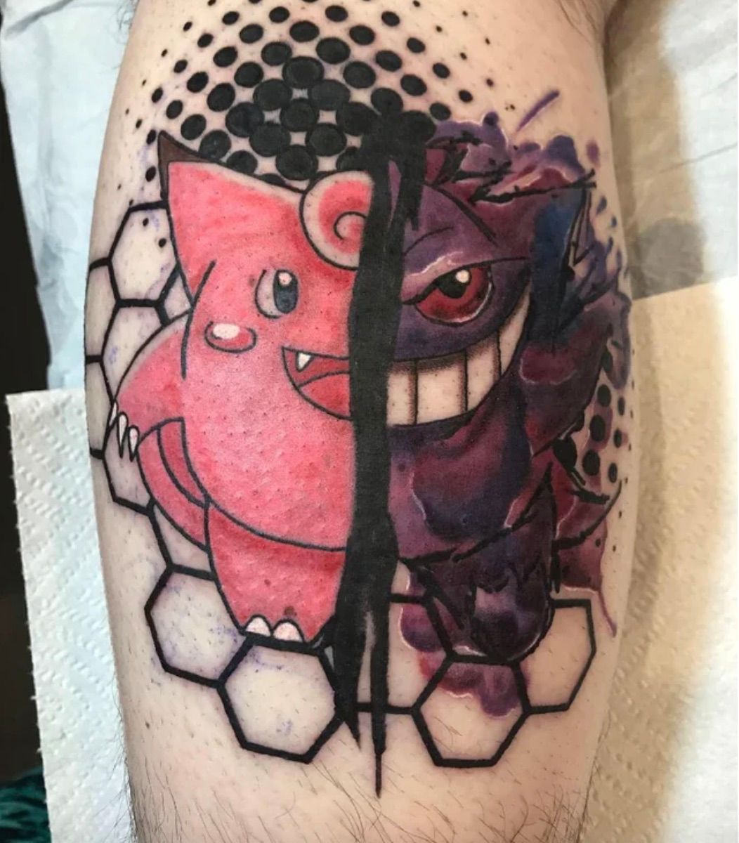 Tattoo with one half Clefairy and the other half Gengar