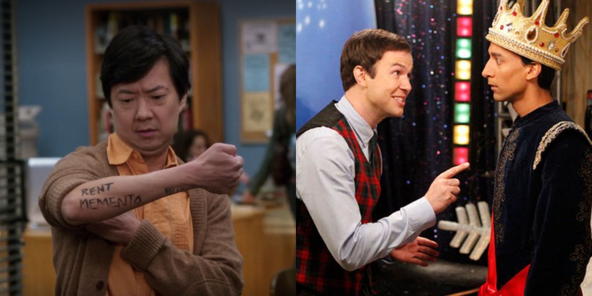 Split image depicting Chang writing stuff on his arms, and Abed and Cory talking