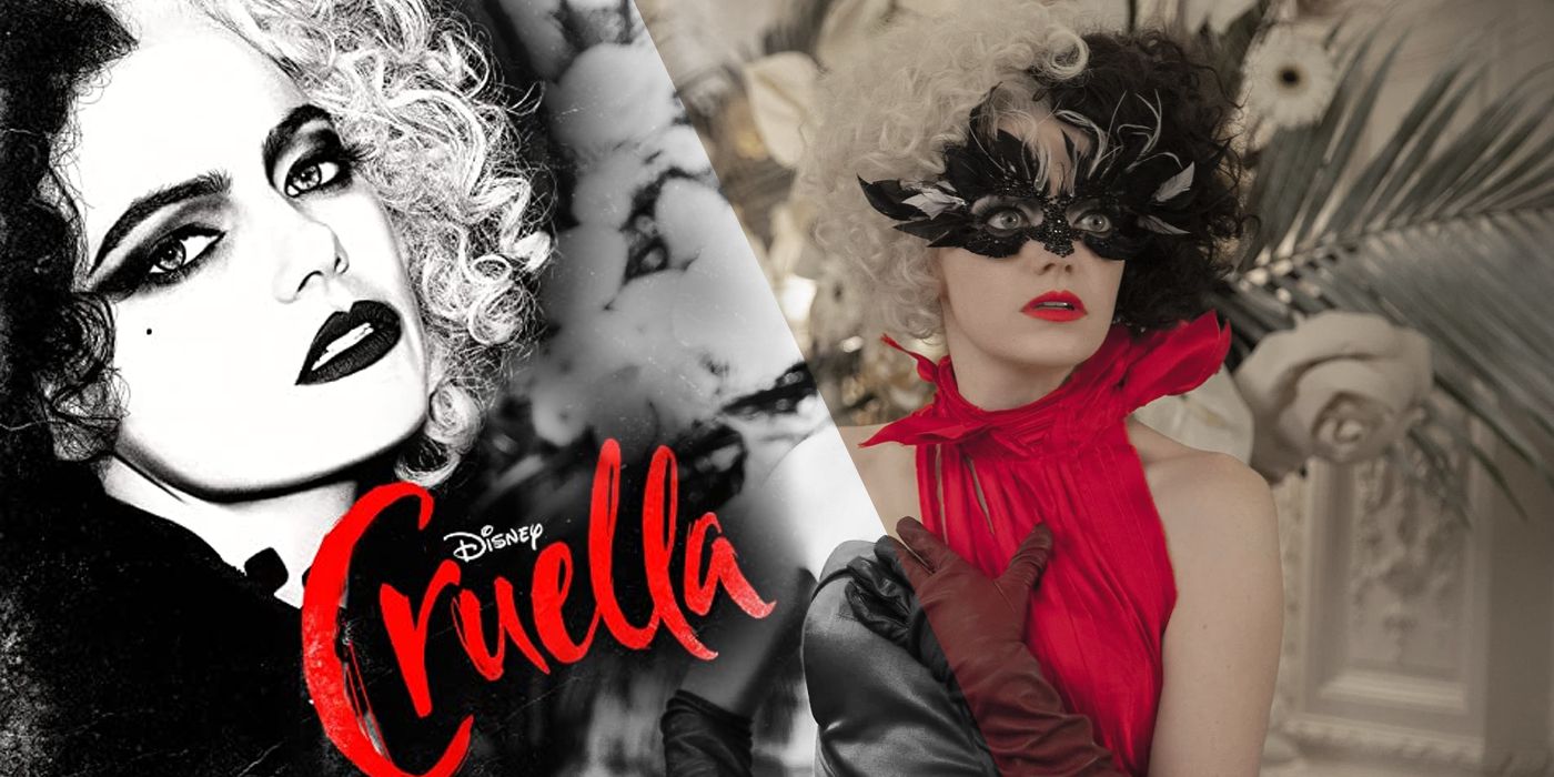 A blended image features Emma Stone in black and white and color in Disney's Cruella with the title over her