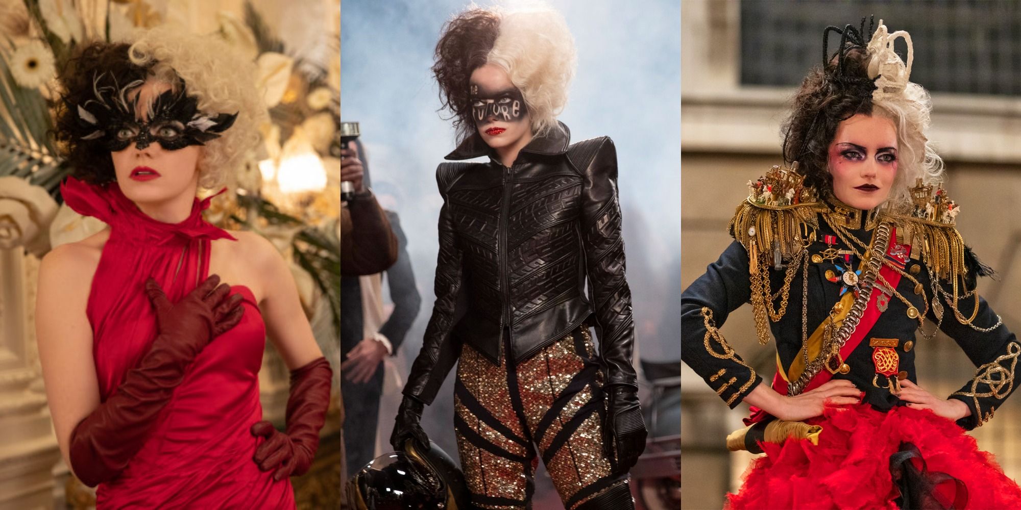 Split image depicting three costumes from the 2021 movie Cruella