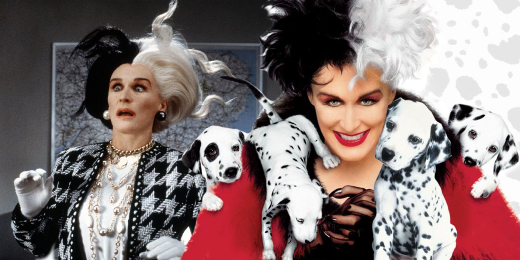 Split image of Cruella De vil close-ups on the 101 Dalmations franchise, surrounded by dogs
