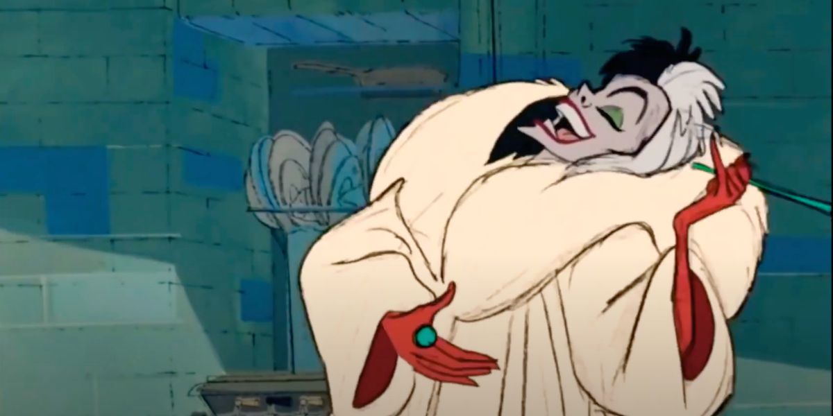 Cruella wearing fur coat and laughing in One Hundred and One Dalmatians 