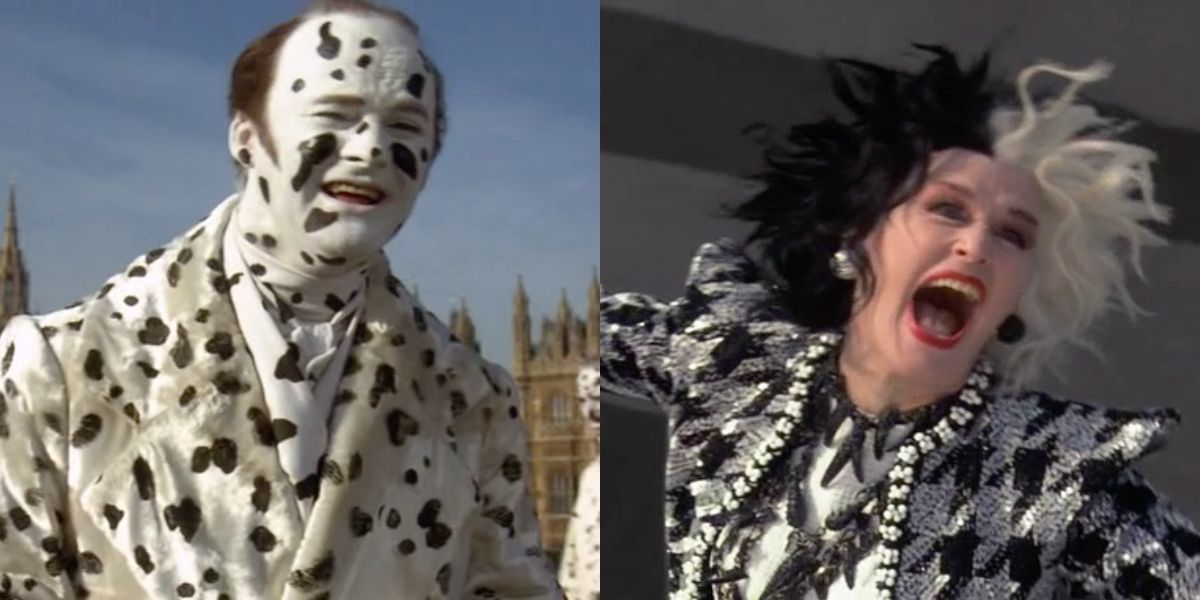 Cruella laughing and henchmen covered in spots in 102 Dalmatians