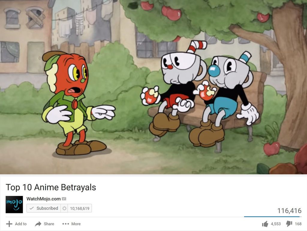 Cuphead and Mugman Eating Apples In Front Of Mac In Anime Betrayal Format