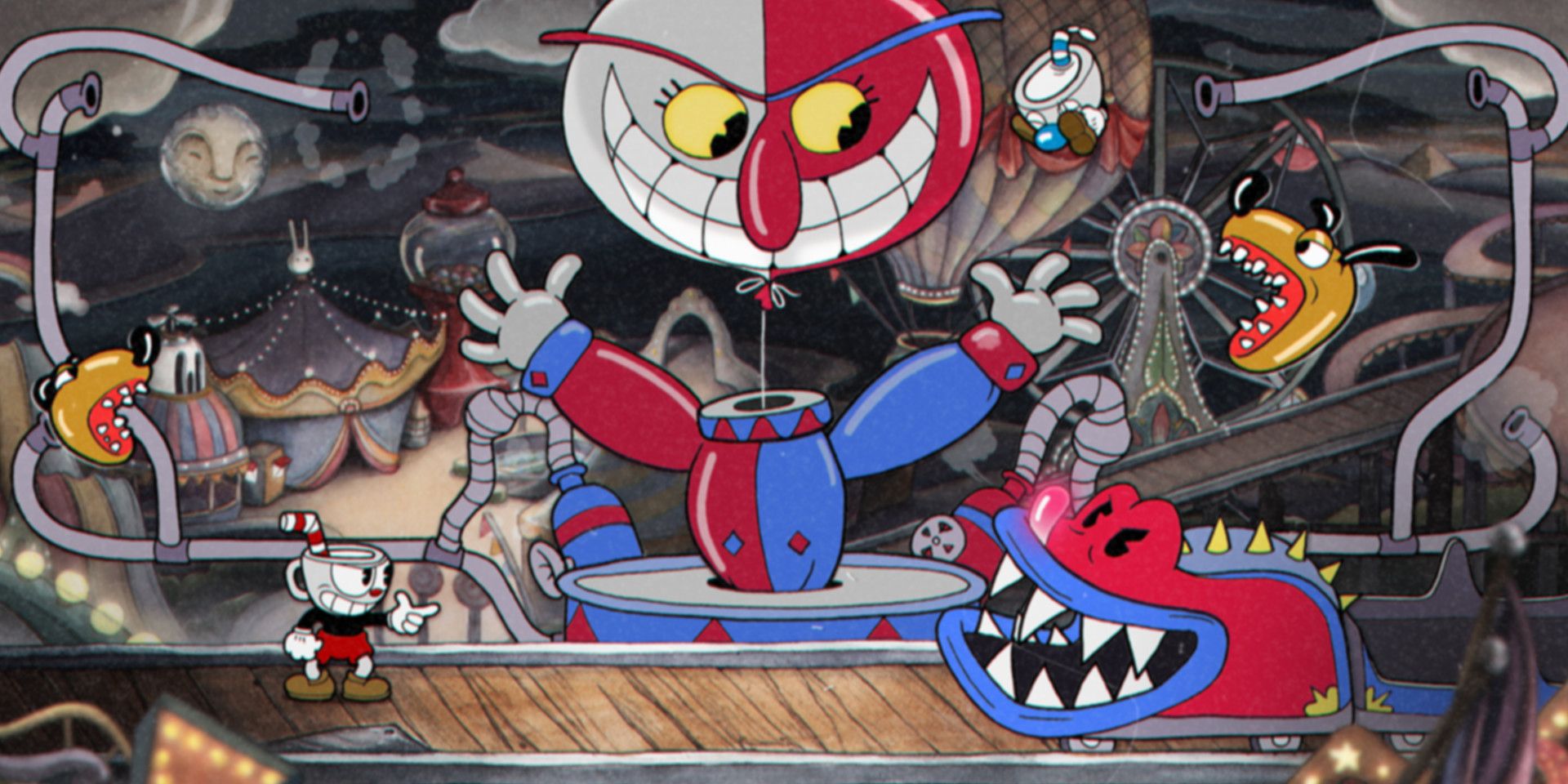 Cuphead's Carnival Kerfuffle with assorted monsters and a giant, grinning balloon.