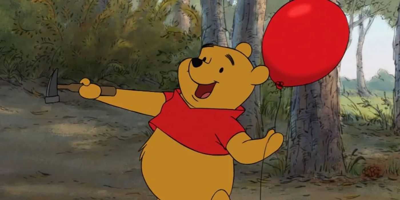 Winnie the Pooh has a balloon and hammer.