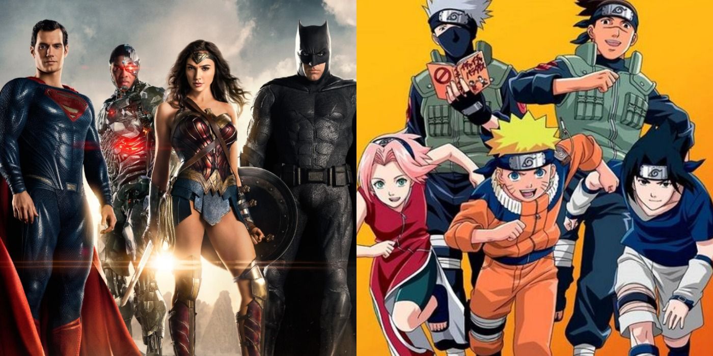DCEU Justice League members alongside an image of Team 7 from Naruto