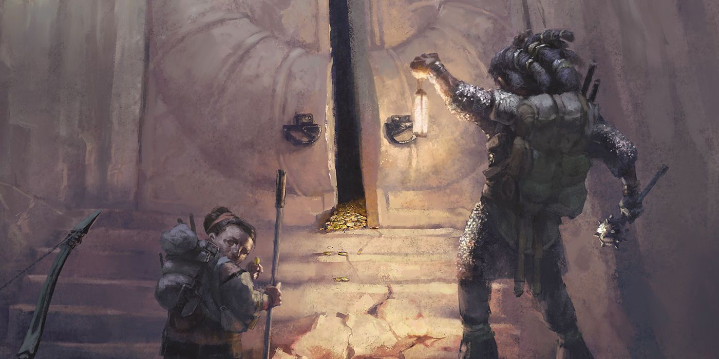 Two D&D adventurers looking at a stone door, which is cracked open allowing a pile of gold coins to trickle out.