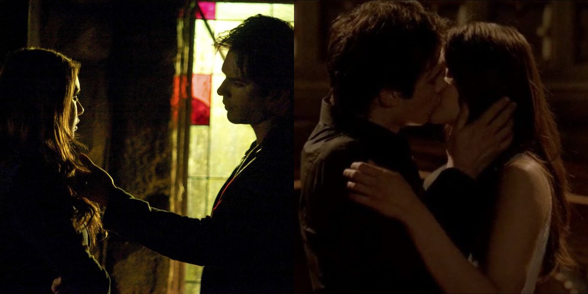 Damon touching Elena's face in The Vampire Diaries 
