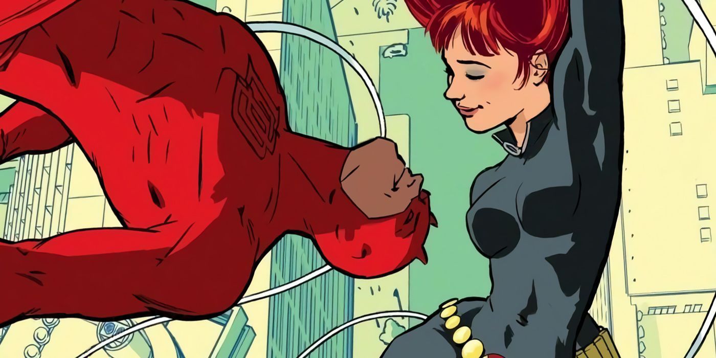 Daredevil and Black Widow swinging through the air in Marvel comics.