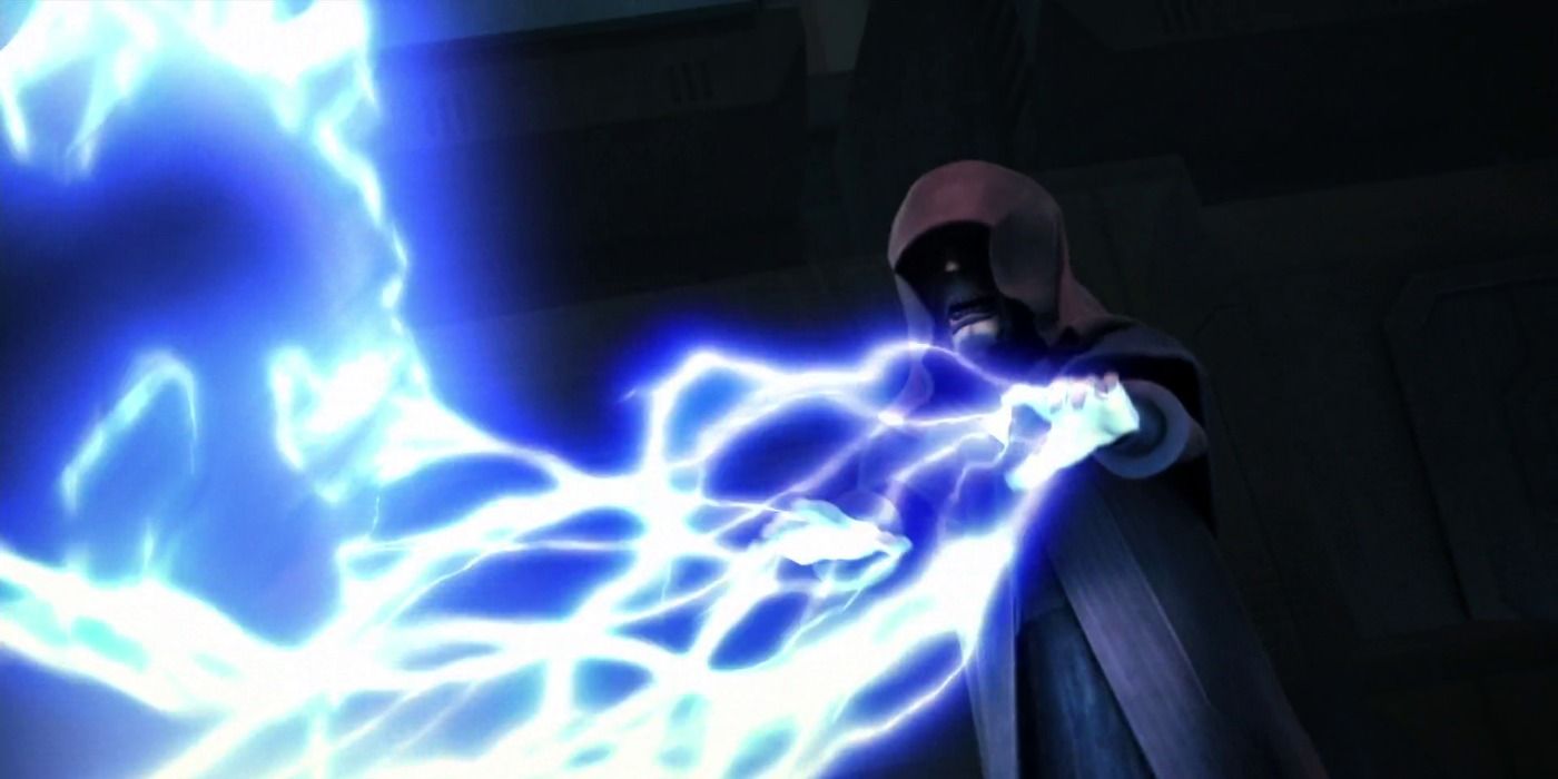 Darth Sidious electrocutes and captures Maul after duelling and defeating him and Savage Opress on Mandalore in Star Wars The Clone Wars