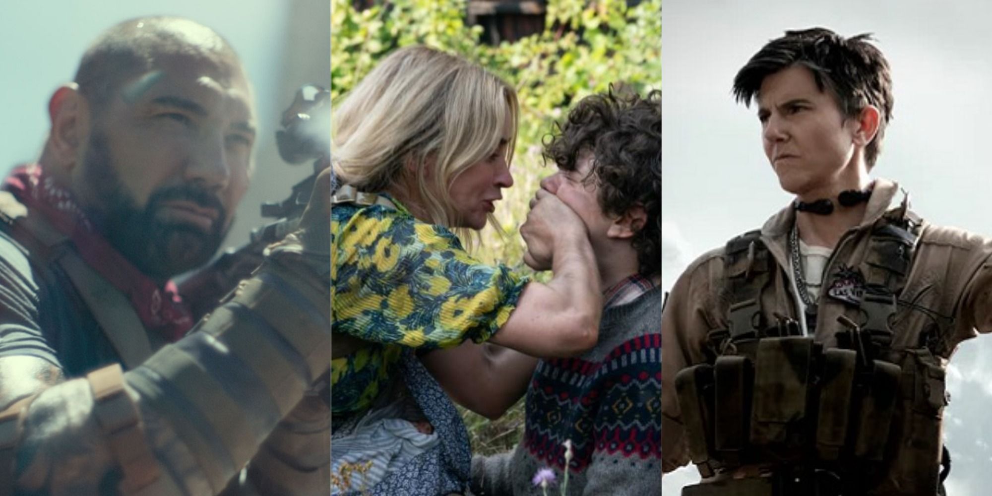 Dave Bautista and Tig Notaro from Army of the Dead flanking Emily Blunt covering a child’s mouth in A Quiet Place Part 2