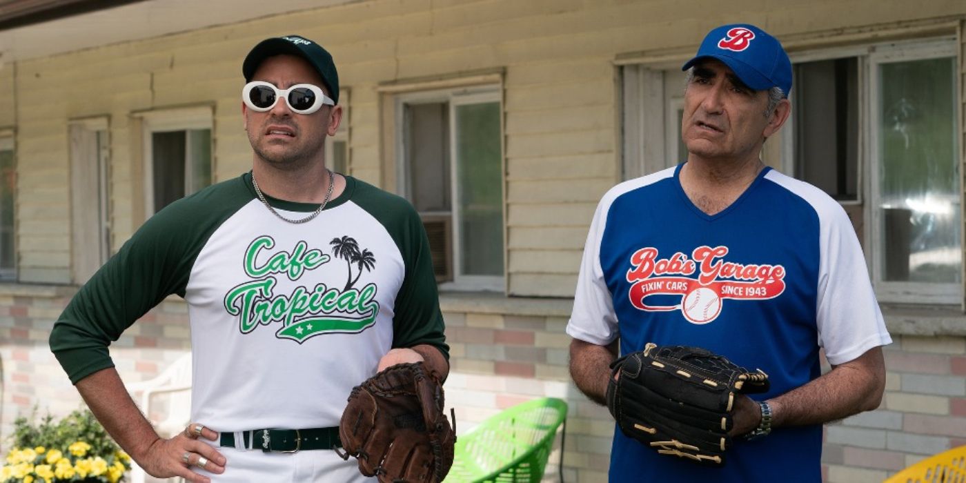 David and Johnny Rose in baseball uniforms in Schitt's Creek