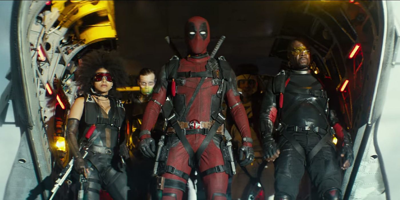Deadpool and X-Force prepare to jump from a plane.