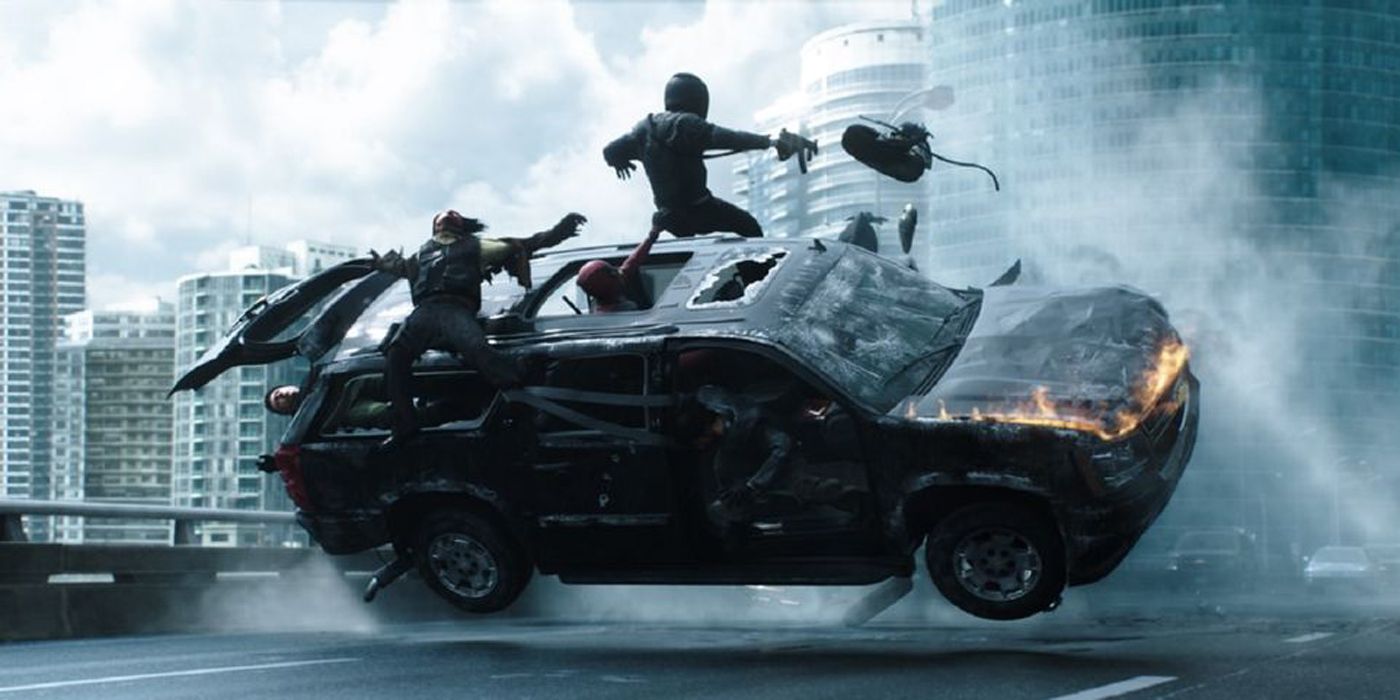 Deadpool attacking villains in cars.