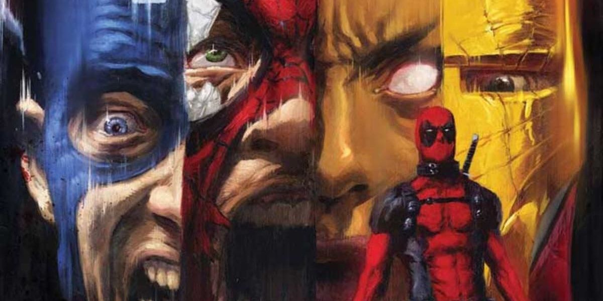 Deadpool standing in front of screaming faces of Marvel Heroes in Deadpool Kills The Marvel Universe