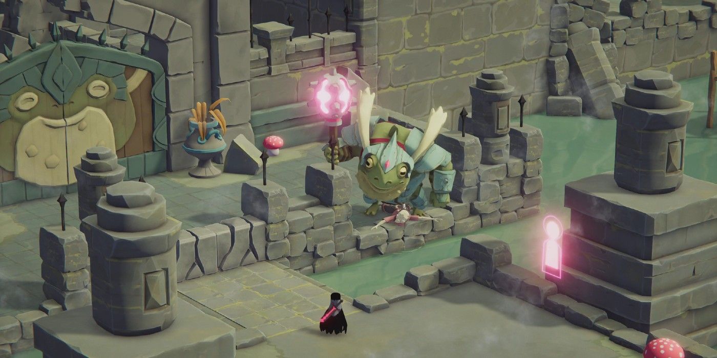 Death's Door Game with the protagonise facing a giant toad in a castle