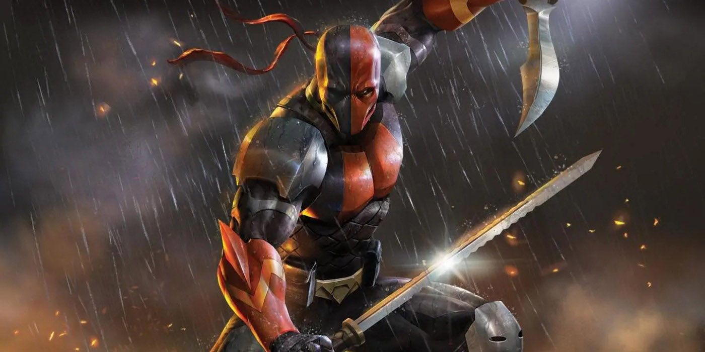 DC: Deathstroke fighting with a longsword and dagger in the rain