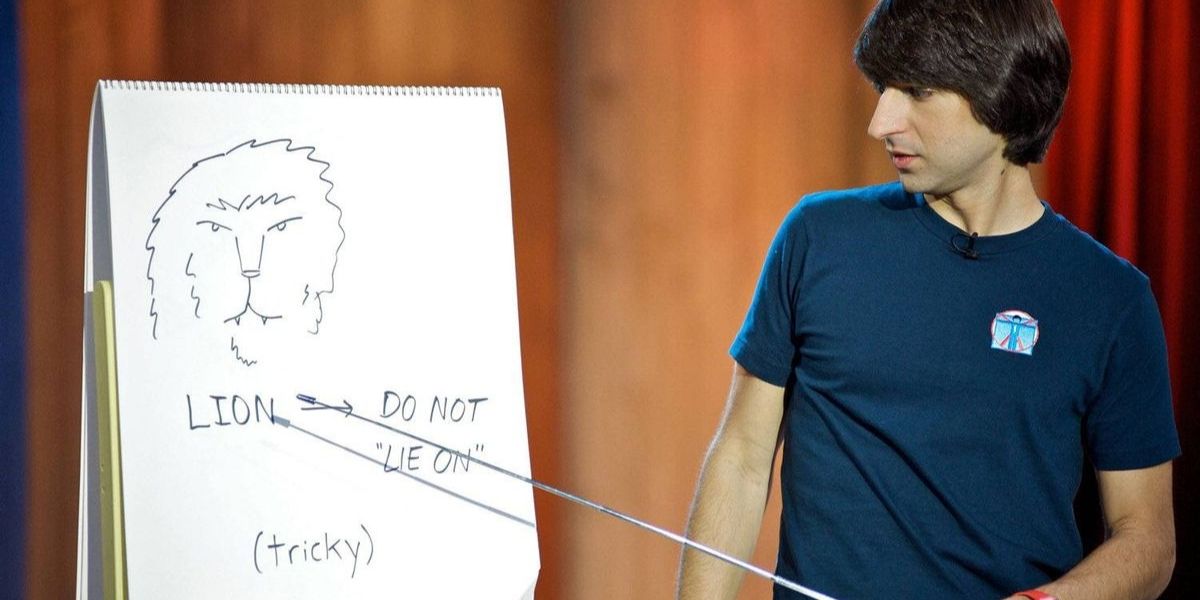 Demetri Martin points at a drawing from Important Things
