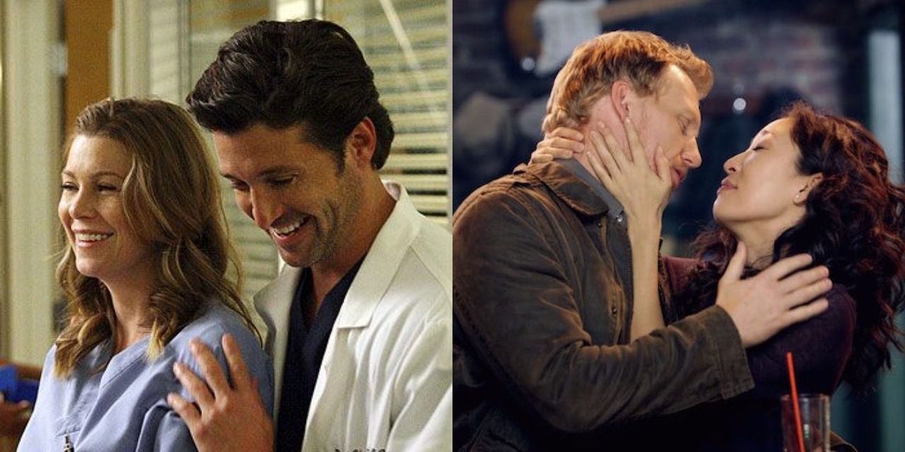 Split image of Derek and Meredith and Owen and Cristina sharing loving moments