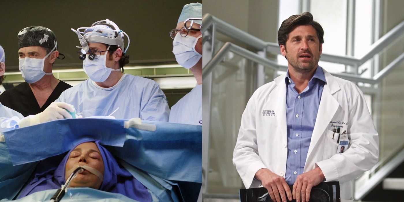 Split image of Derek performing surgery and Derek standing in the hall