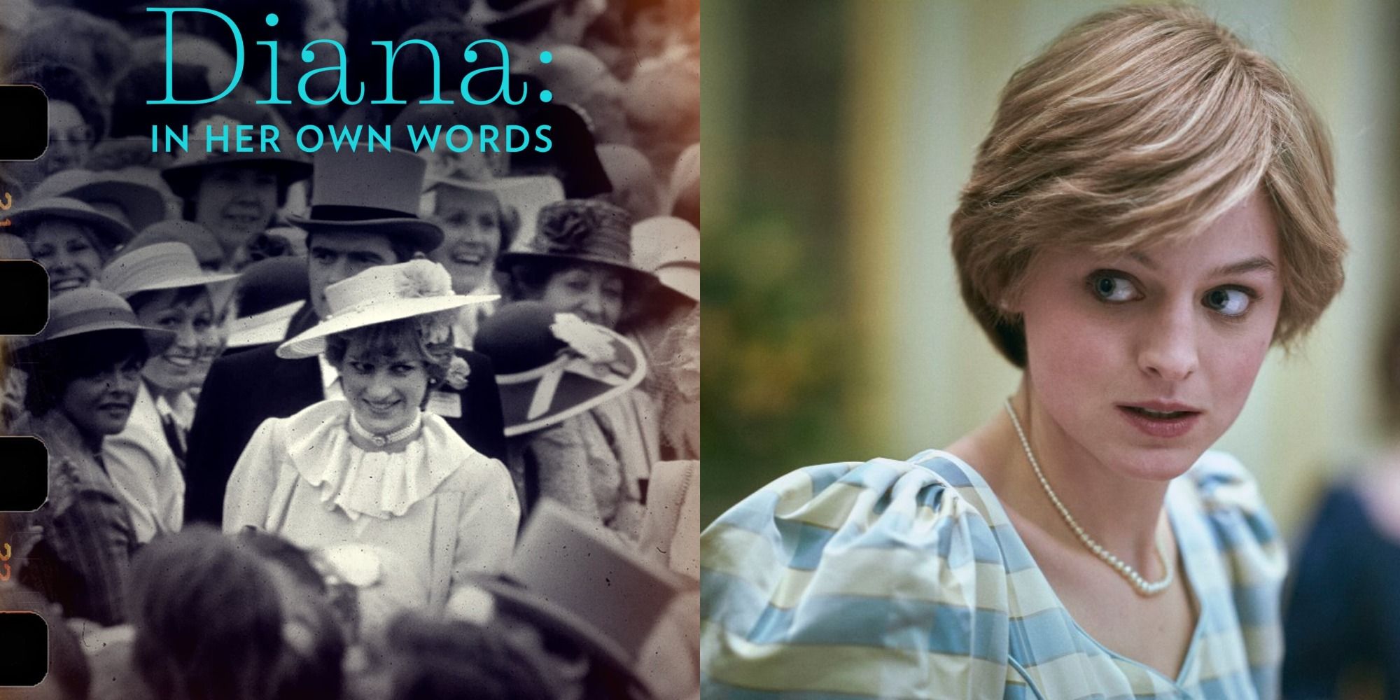 Poster image for Diana: In Her Own Words next to an image of Diana from The Crown