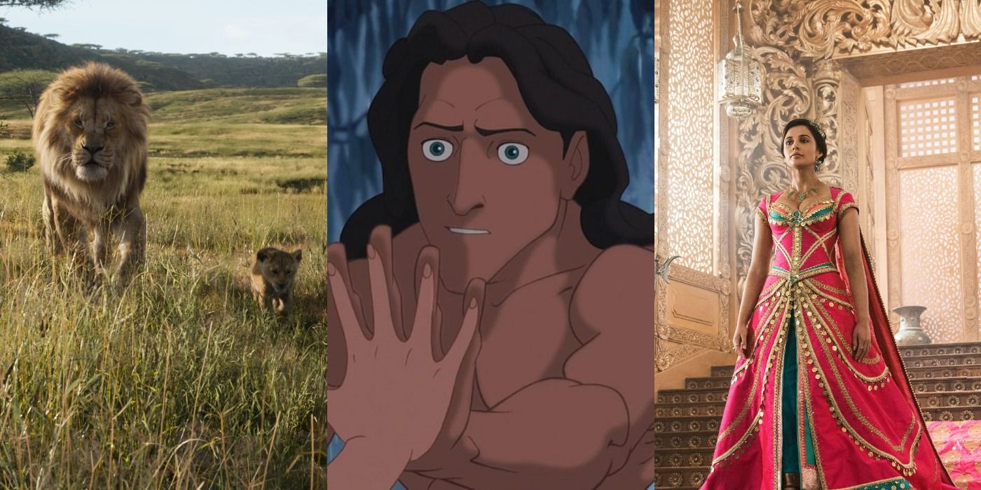 Split image of animated Tarzan, live-action Simba and Mufasa and live-action Princess Jasmine