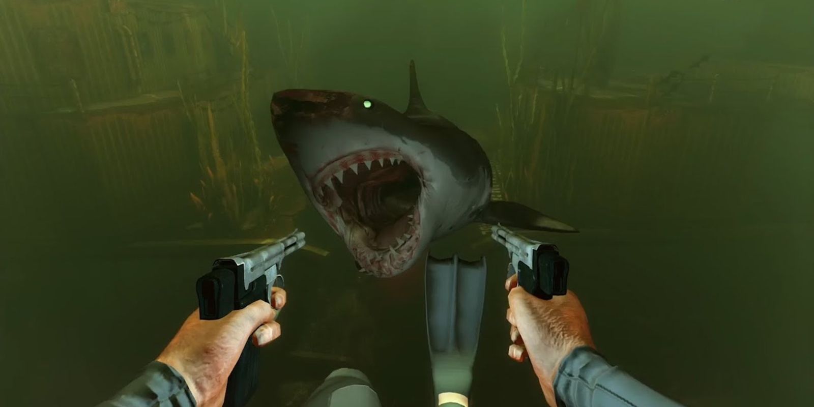 Diver shooting shark in Depth gameplay