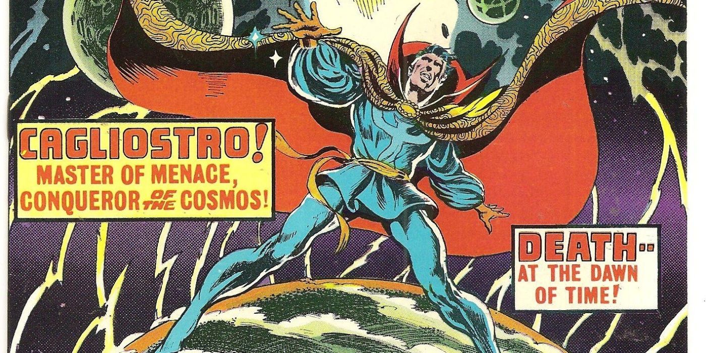 Doctor Strange standing on a cosmic mass on a comic cover