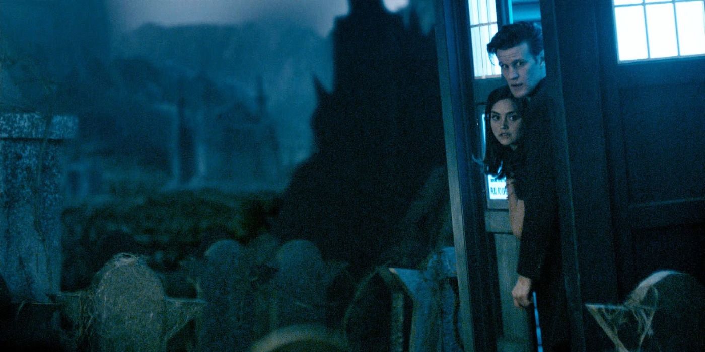 Clara and Eleventh Doctor looking out the TARDIS on Trenzalore