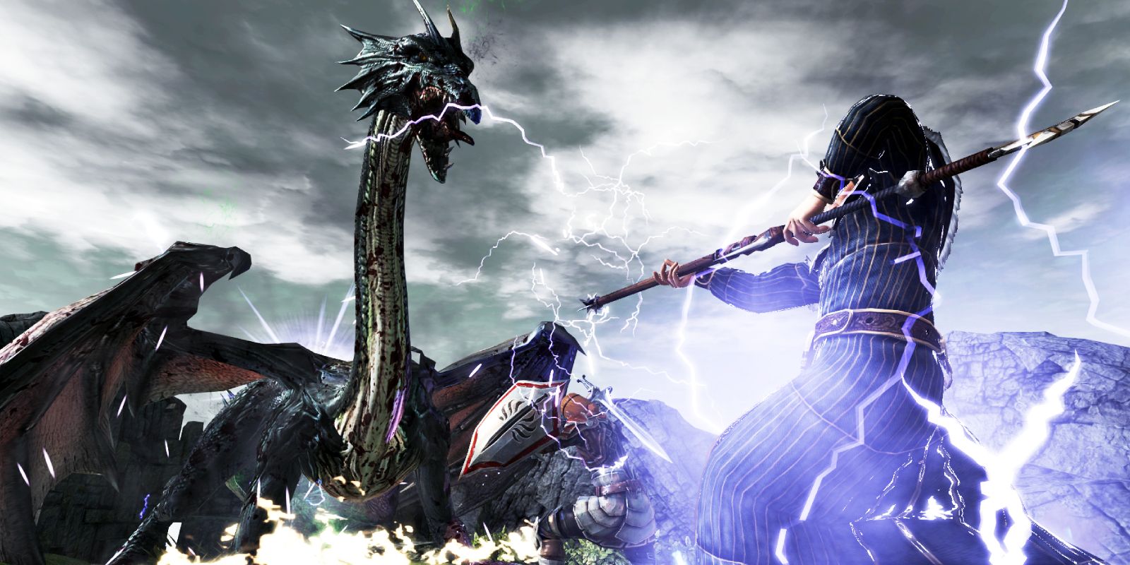 A character in Dragon Age 2 weilding a pole sword and lighting powers while facing off against some sort of wyvern creature