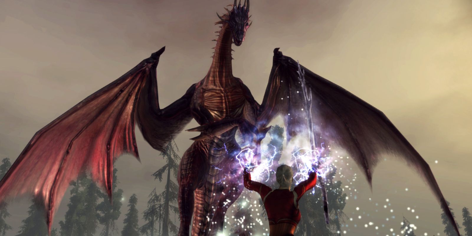 A character in the original Dragon Age holding their arms up and casting a spell at an approaching dragon