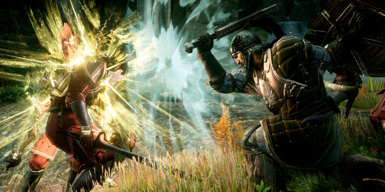 Two characters in Dragon Age: Inquisition fighting with swords and magic