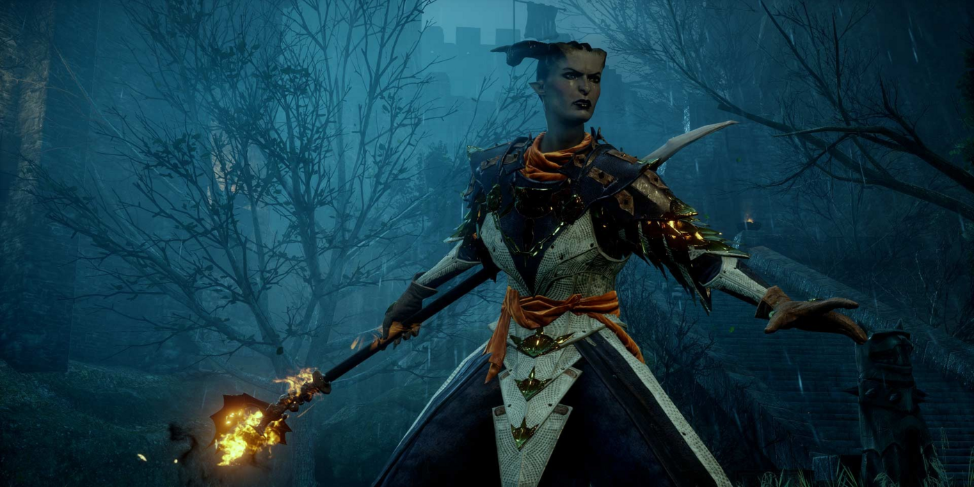 A Dragon Age character holding a weapon