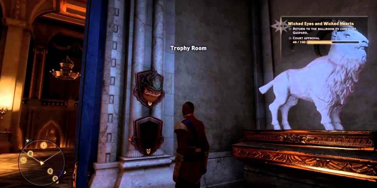 The Inquisitior stands in the Trophy Room at the Winter Palace in Dragon Age Inquisition.