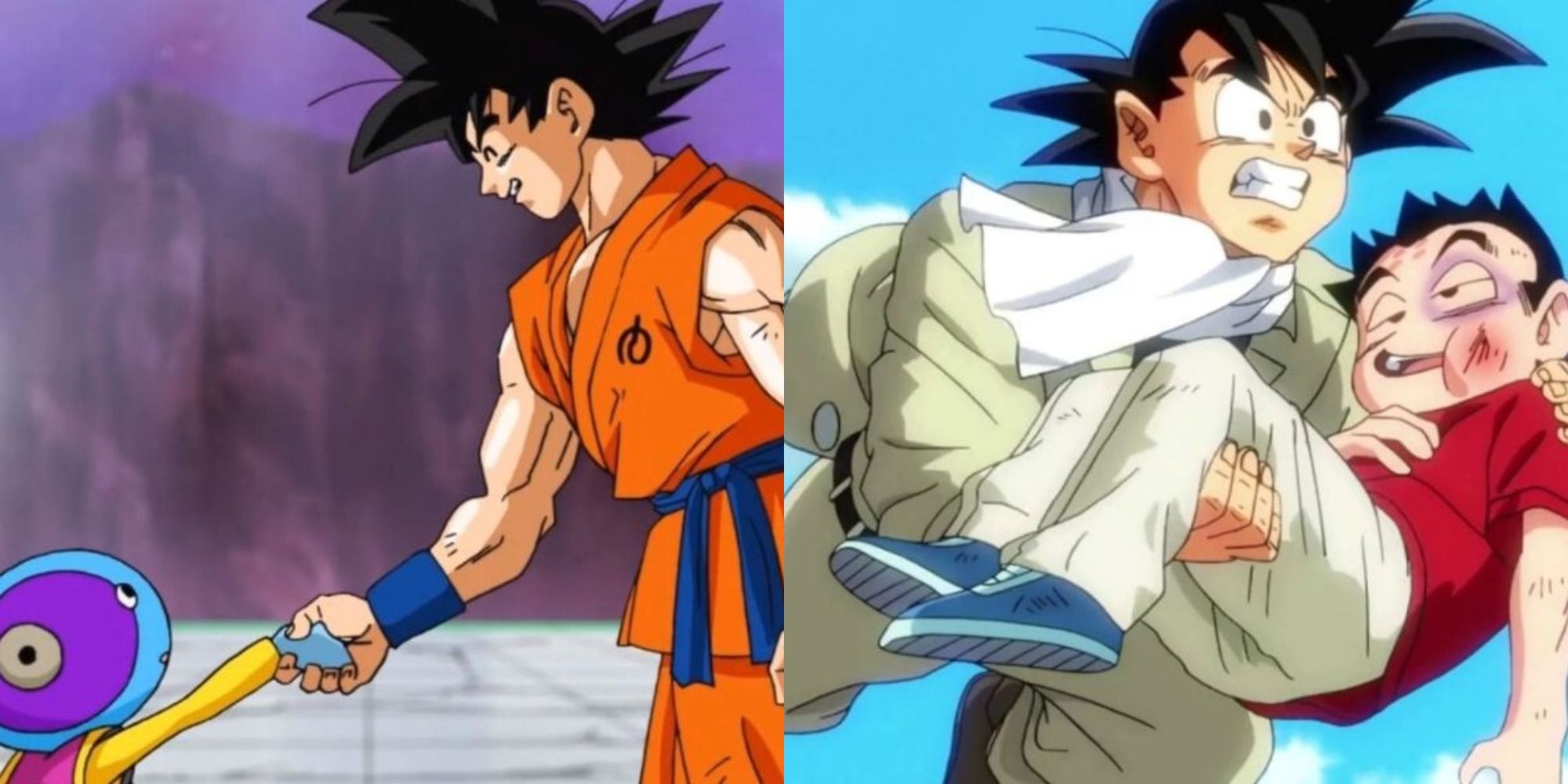 Split image showing Goku shaking Zeno's hand, and him carrying a bruised Krillin
