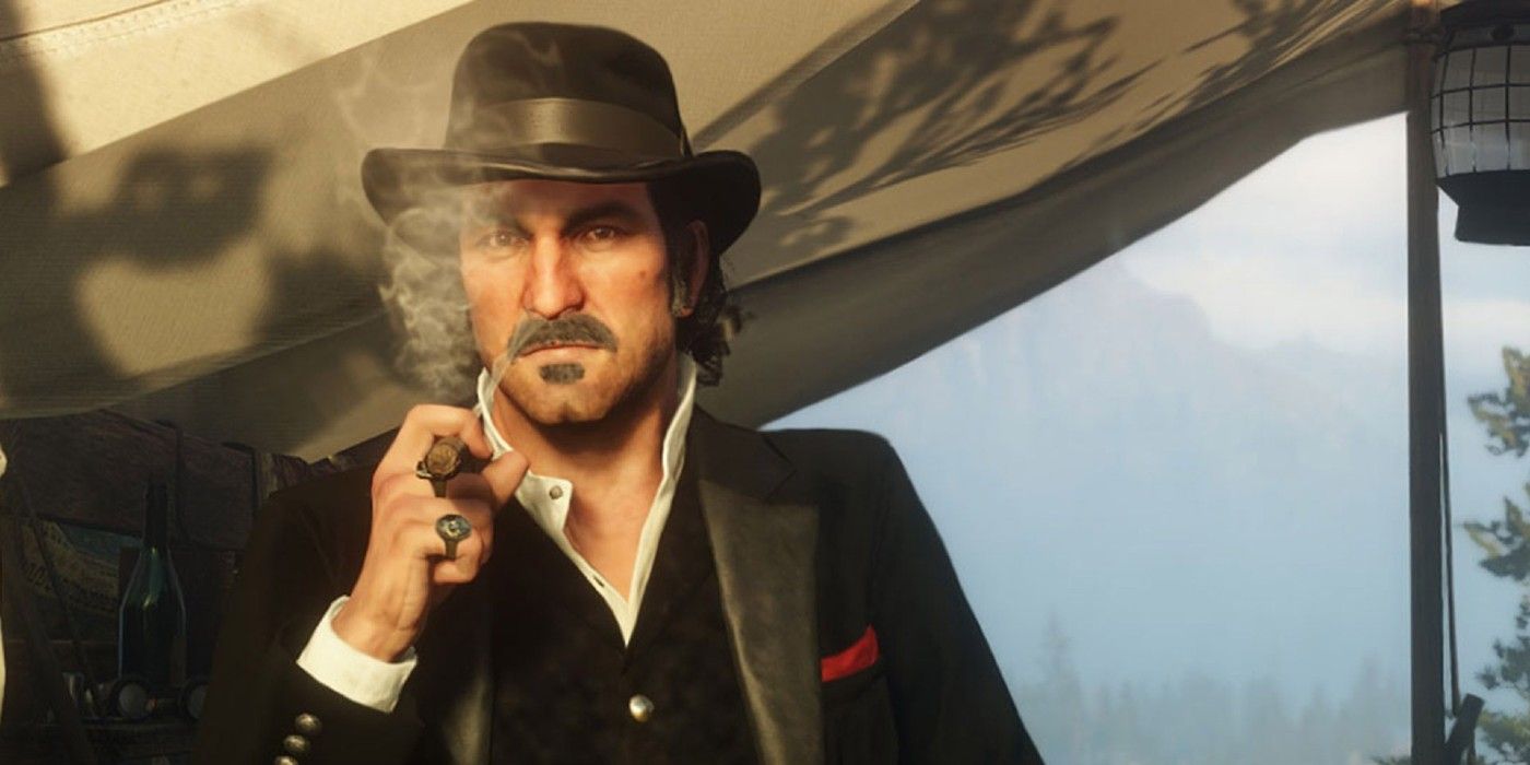 Dutch van der Linde fumando um charuto perto de sua barraca no acampamento de Red Dead Redemption 2.