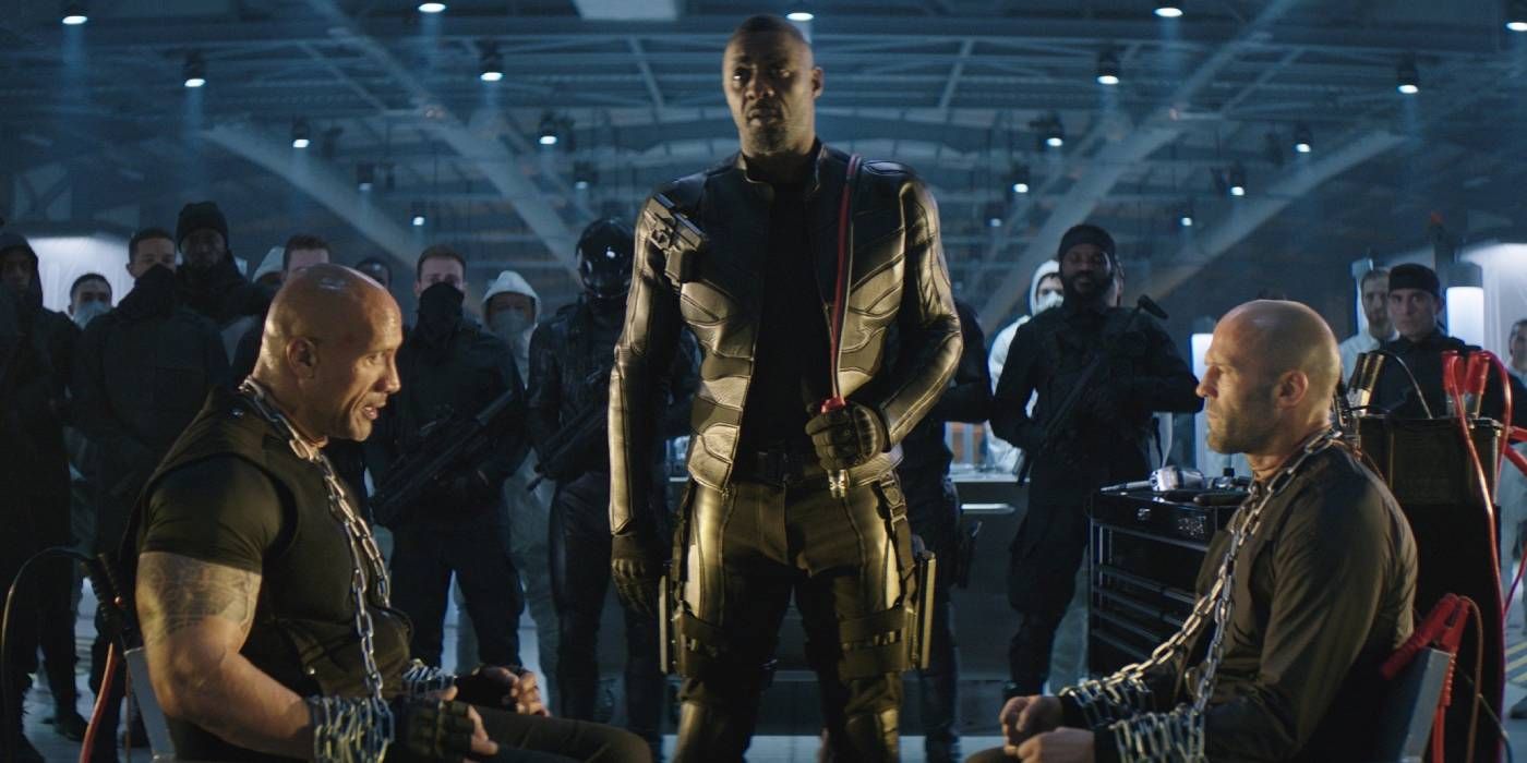 Dwayne Johnson Idris Elba and Jason Statham in Hobbs and Shaw pic vertical