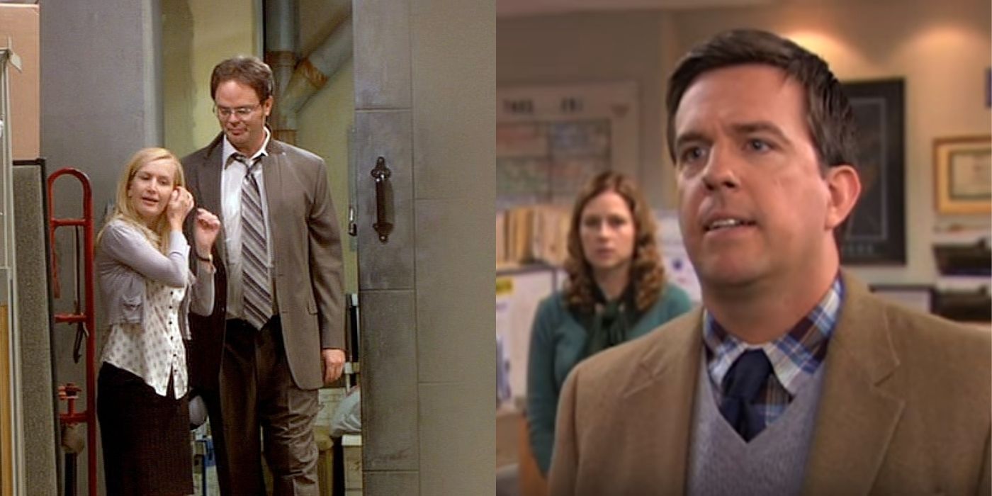 A split image of Dwight and Angela in the warehouse and Andy standing in the workplace in The Office