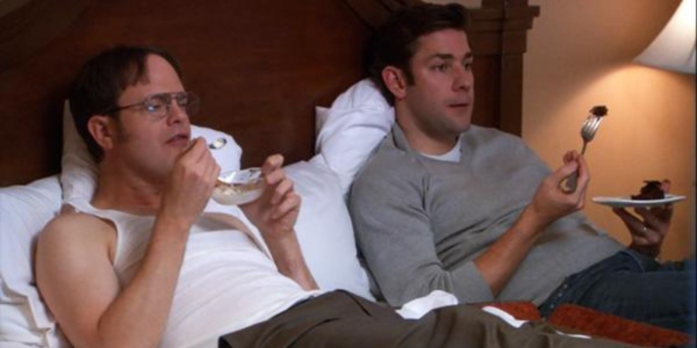 Dwight and Jim eat ice cream in bed on The Office