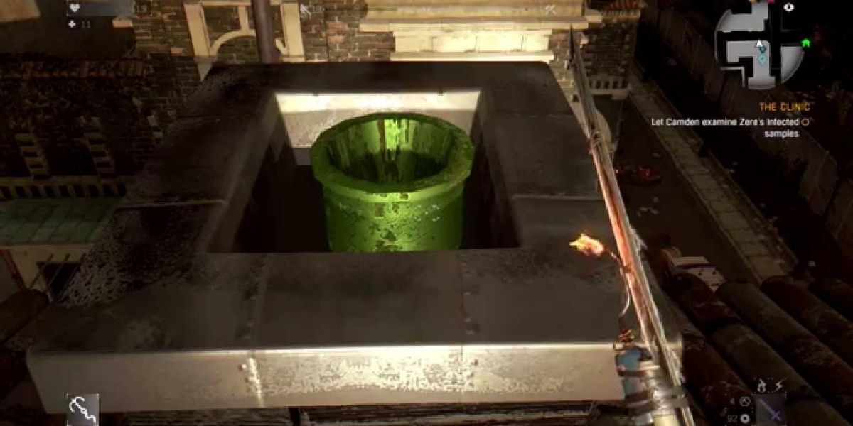 A green pipe inside a chimney