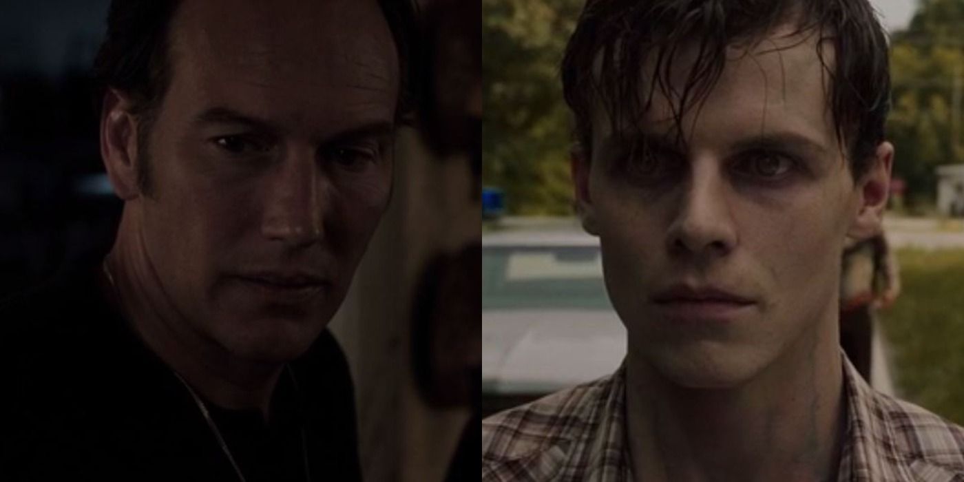 Split image: Ed Warren looks serious Arne Johnson is possessed