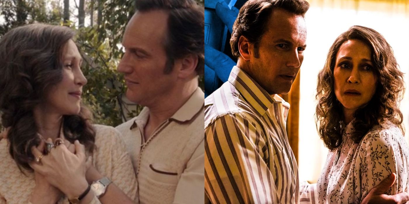 The Conjuring Split image: Ed and Lorraine look at each other in a garden/ Ed and Lorraine turn around looking worried