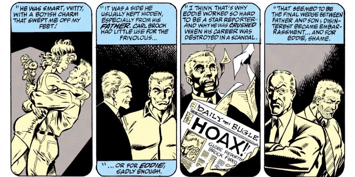 Comic book panels depicting Eddie Brock's backstory in Marvel Comics.