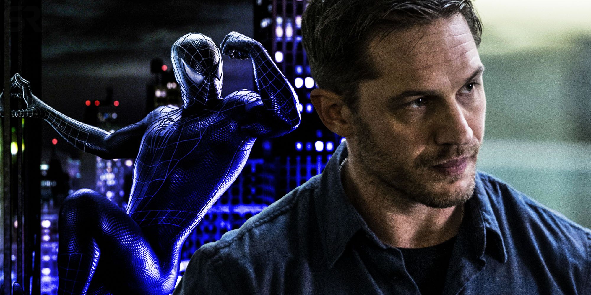 Superimposed image of Spider-Man flexing and Eddie Brock in the Spider-Man and Venom movies.
