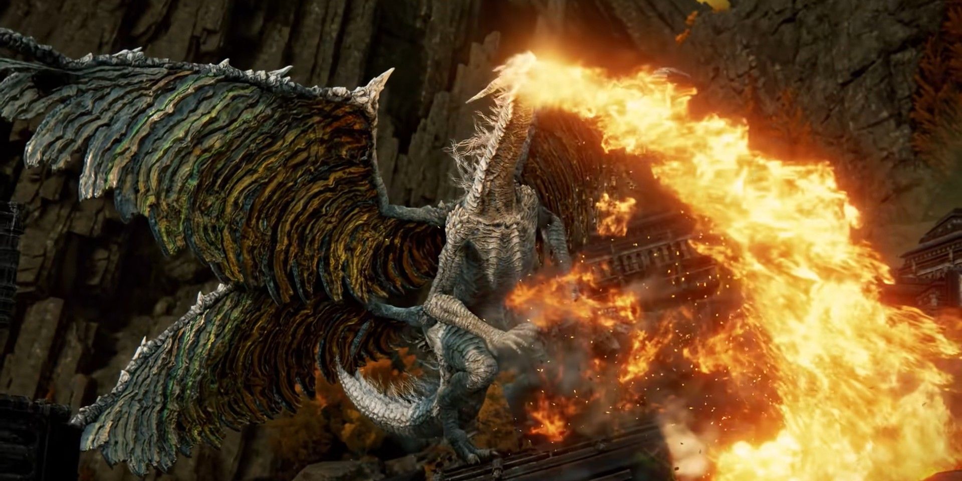 A dragon breathing fire in the Elden Ring trailer.