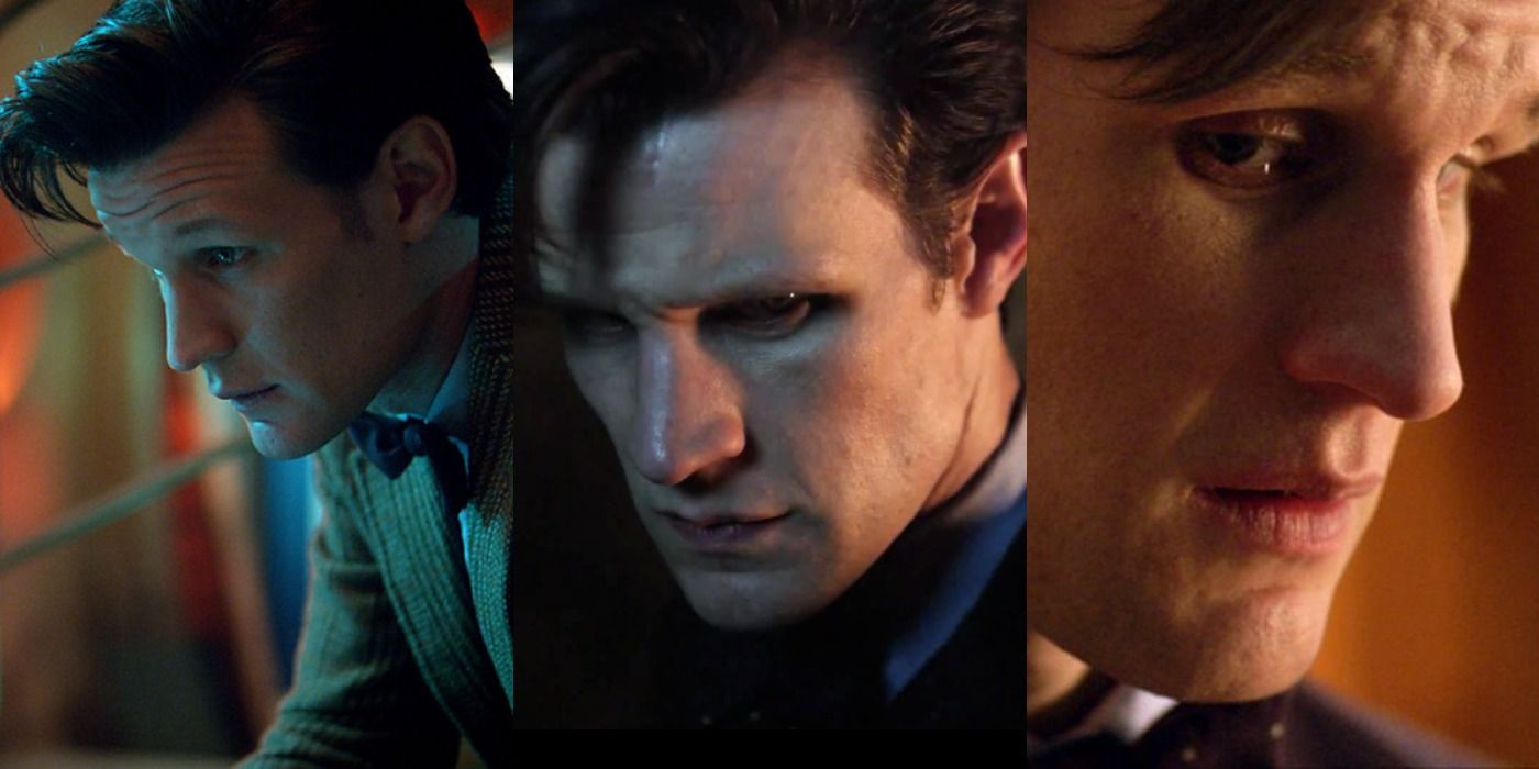 An image split into three of the Eleventh Doctor looking sad in Doctor Who