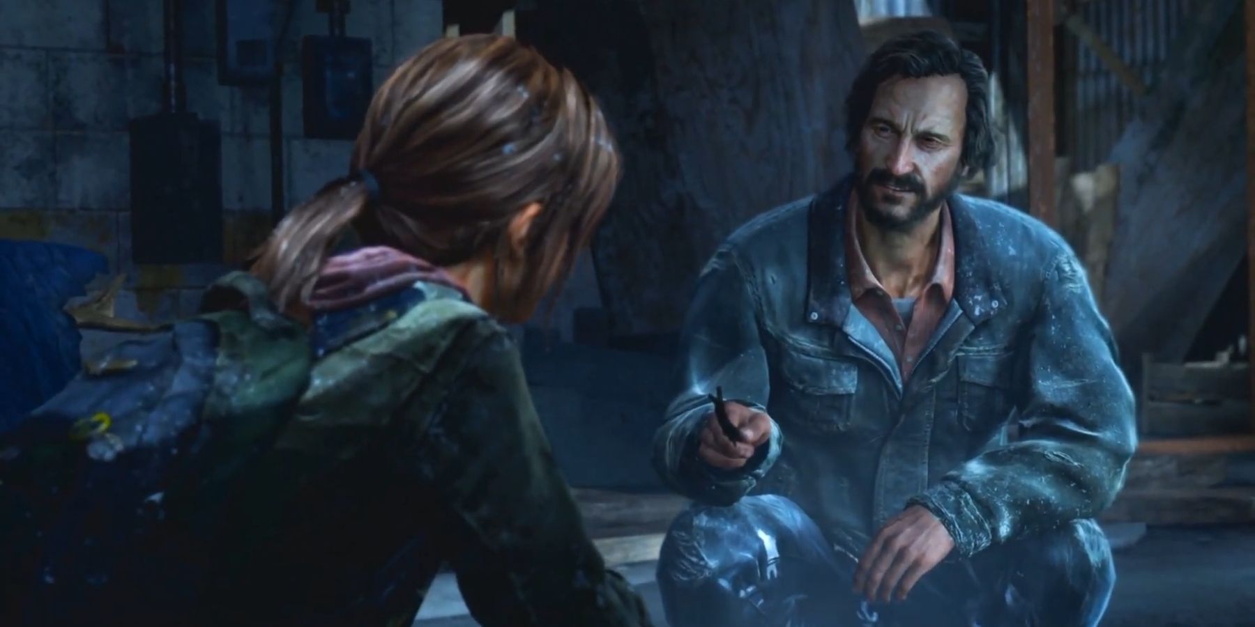 Ellie talking with David around a campfire in The Last Of Us
