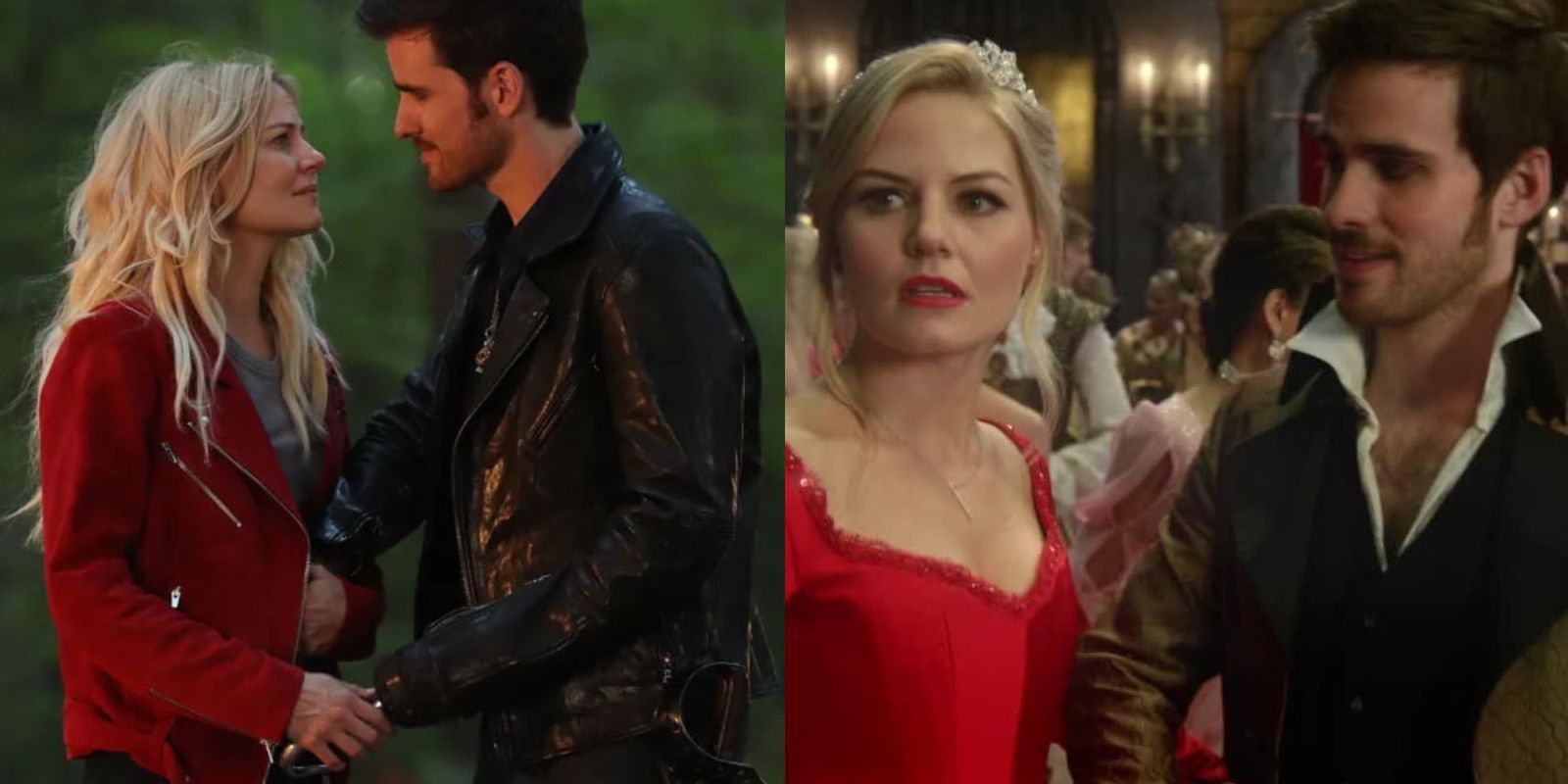 Split image featuring Emma and Captain Hook holding hands and staring at each other; Emma and Hook standing next to each other