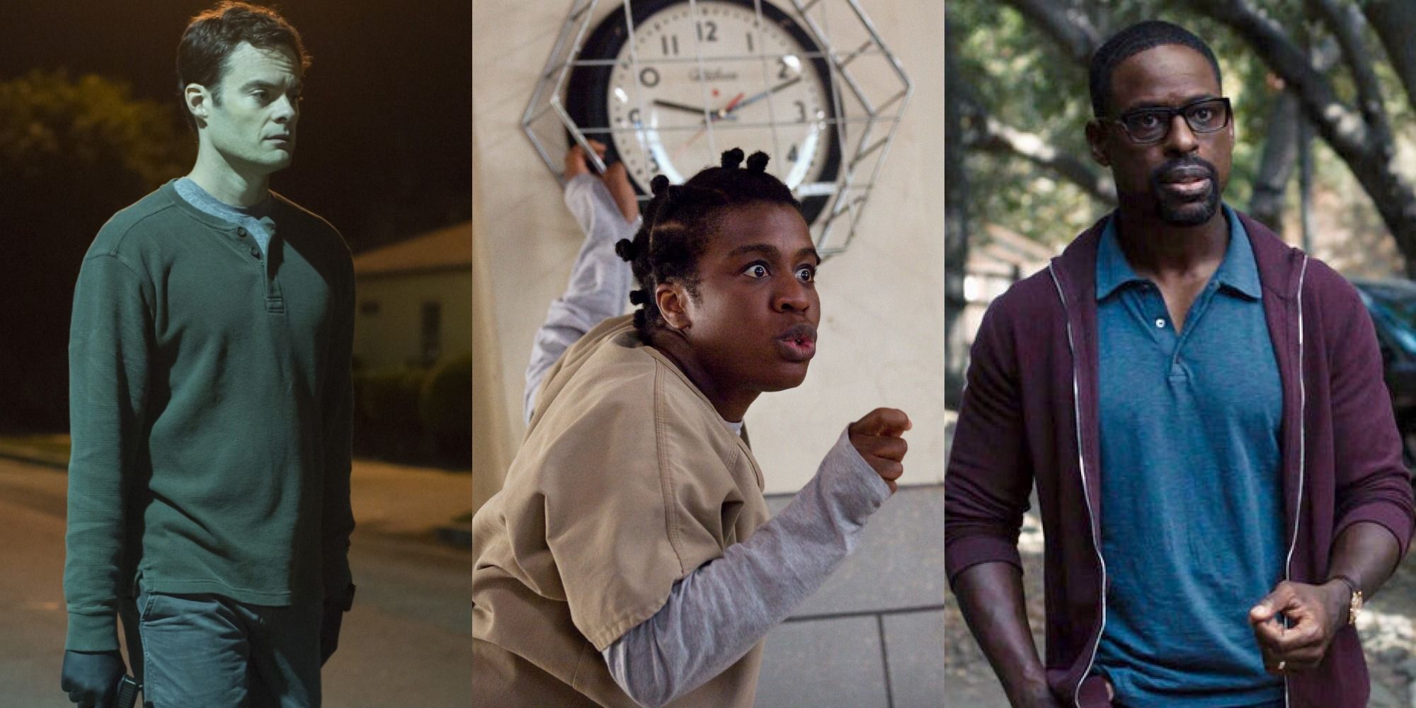 Split image of Barry walking, Suzanne by a clock in Orange is the New Black, and Randall Pearson in This is Us